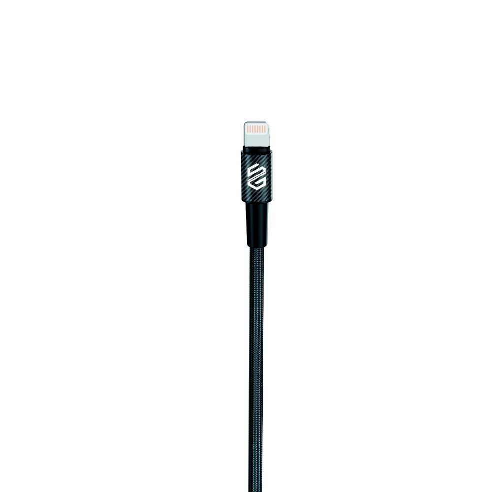 كابل Smart Gate (طراز SGCA-BAL100CFB) بطول 1 متر، مزود بموصلات USB-A وLightning، ويتميز بتصميم مجدول معزز بألياف الكربون وحماية ضد التداخل، باللون الأسود. - الصورة 2